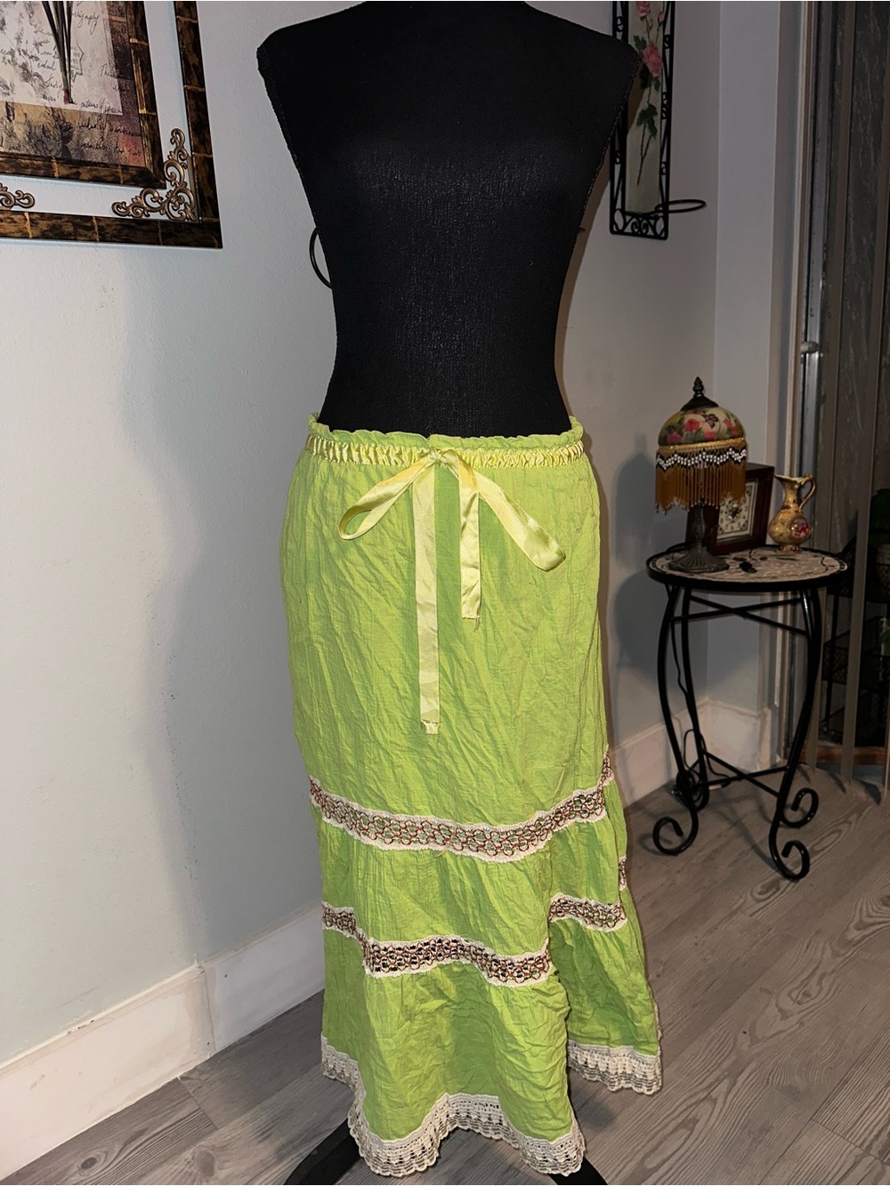 Vintage Y2K Women's Lime Green Boho Maxi Skirt with Beige Lace Ruffle Trim, S